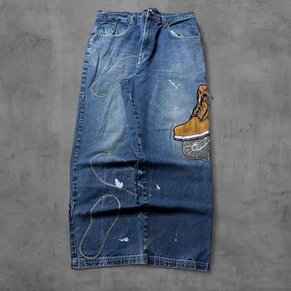 Y2K Vintage 2000s Baggy skater Grunge Raw Blue Timberland Embroidered Denim Jean